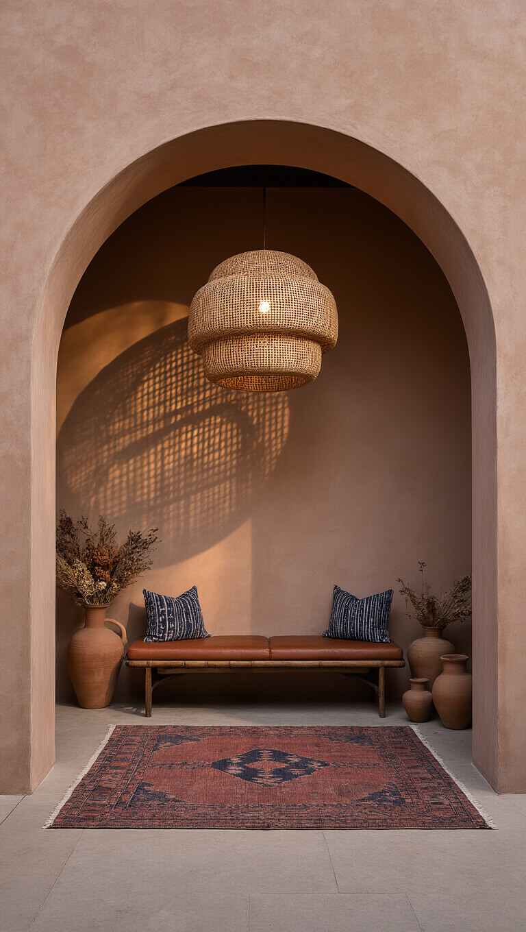 Dramatic 12ft entryway with terracotta walls, arched architecture, oversized rattan pendant casting shadows, leather bench with mudcloth pillows, vintage Turkish runner, and clustered earthy pottery with dried botanicals.
