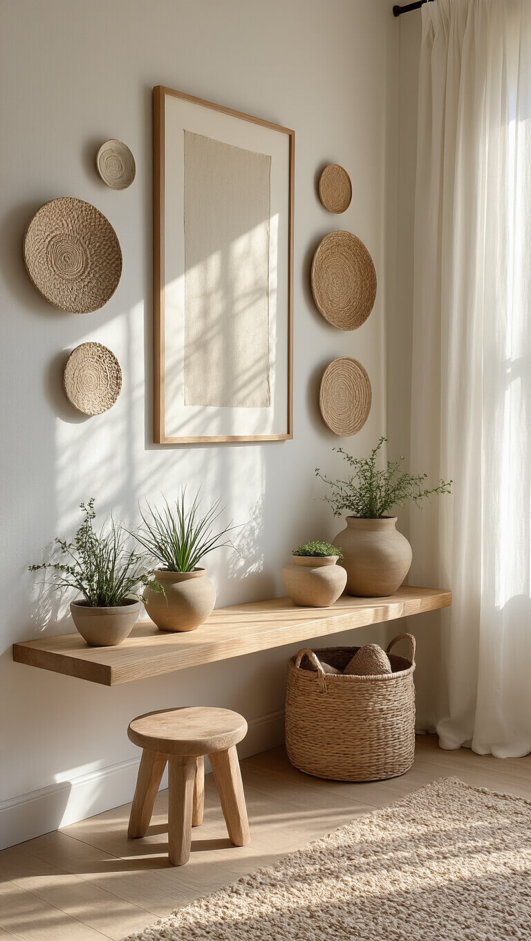 Cozy 5x7ft entryway nook with floating wooden shelf, pottery, air plants, gallery wall of neutral art and woven plates, wooden stool with shoe basket, in soft morning light.