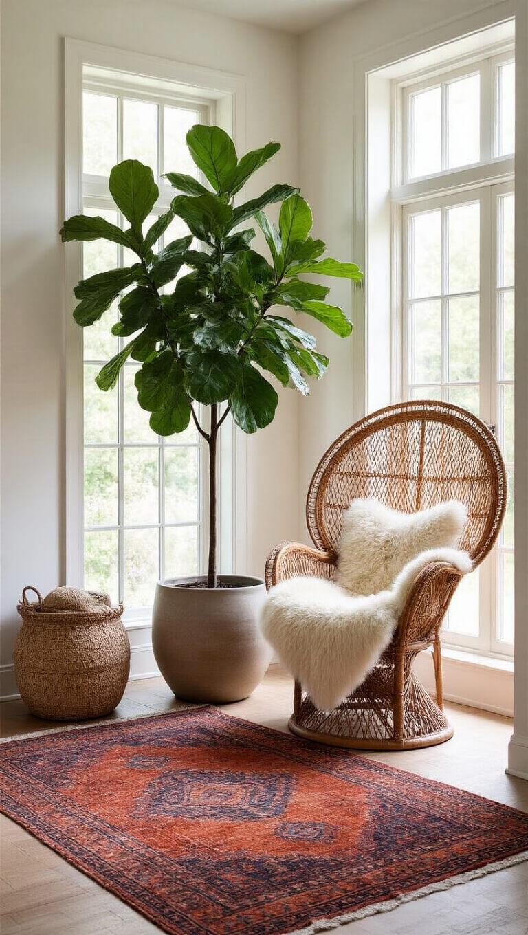 Modern boho entryway with tall fiddle leaf fig, rattan peacock chair, sheepskin throw, layered vintage rugs, and floor-to-ceiling windows with dramatic natural light.