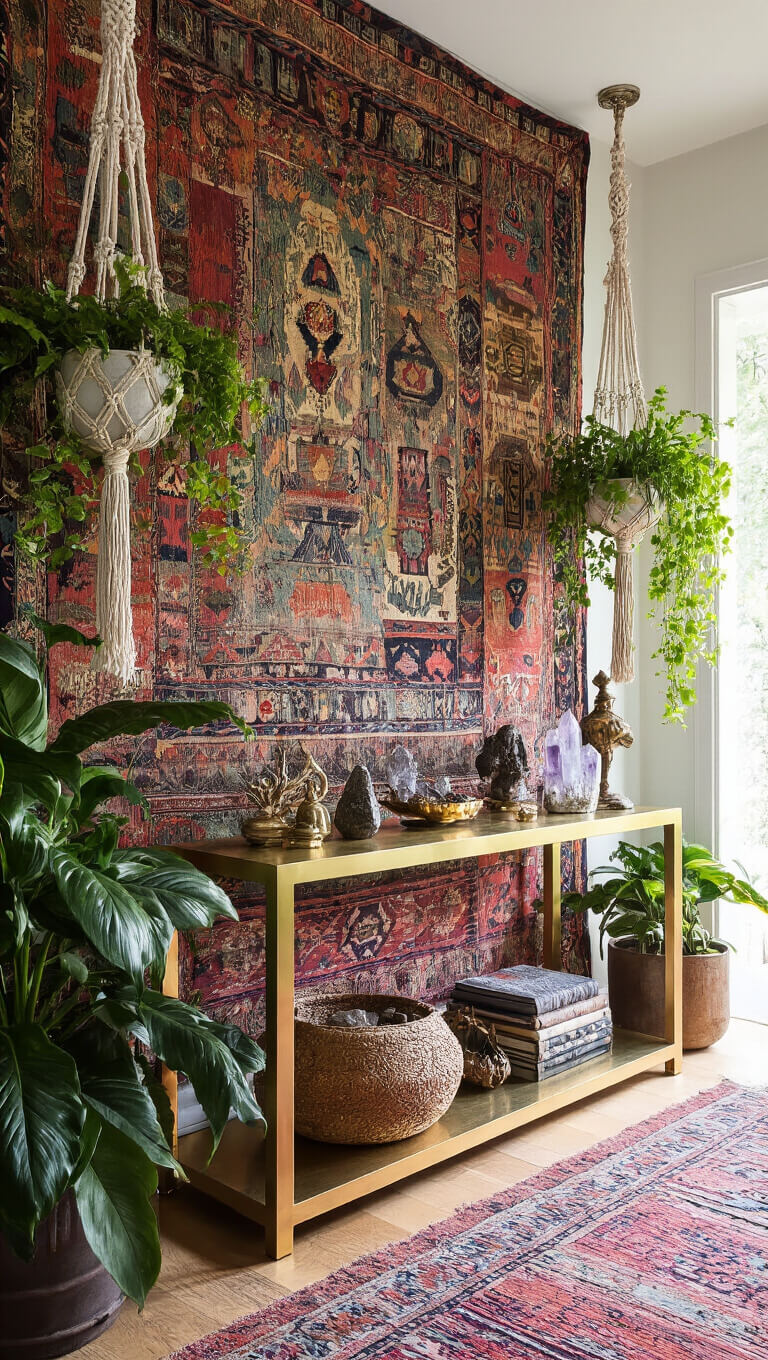 Eclectic 8x8ft entryway with vintage tapestry wall, brass console table adorned with global artifacts and crystals, cascading hanging plants, and dramatic afternoon shadows.