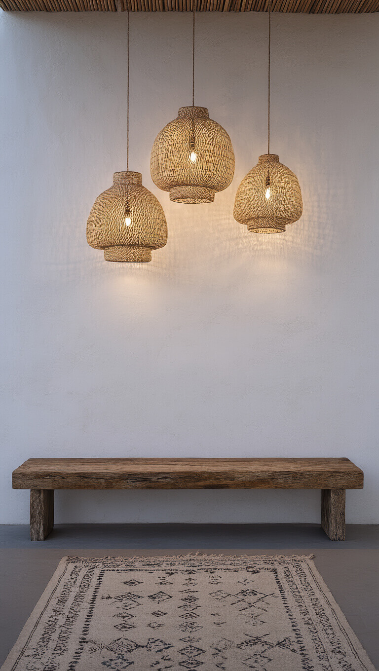 Minimalist boho entryway with floating reclaimed wood bench, handwoven pendant lights, and vintage Moroccan runner, viewed from entry at twilight.