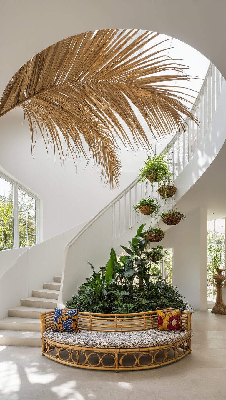 Grand 15ft entryway with curved staircase, dried palm installation, bamboo bench with mudcloth cushions, and hanging planters, lit by natural midday light through skylights.