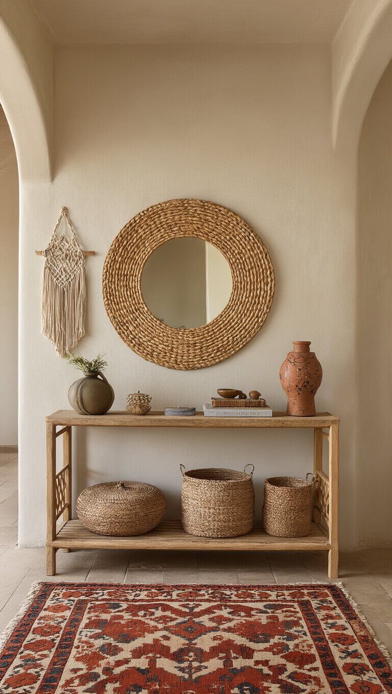 Golden hour photo of a cozy 7x9ft entryway with a vintage kilim rug, rattan mirror, macramé wall hanging, slim console table, ceramic lamp, and warm earth tones with rust and indigo accents.