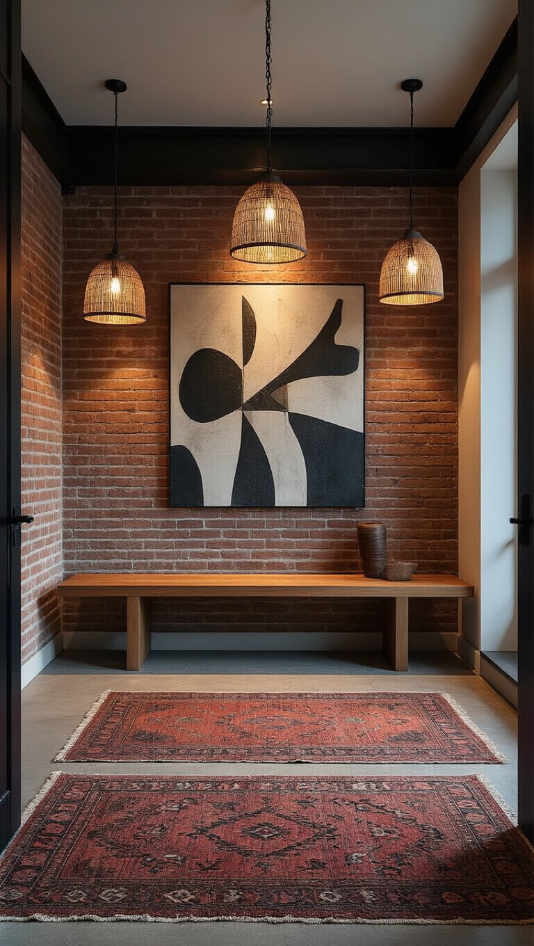 Modern industrial entryway at dusk with exposed brick, floating wood bench, abstract art, pendant lights, and layered vintage rugs.