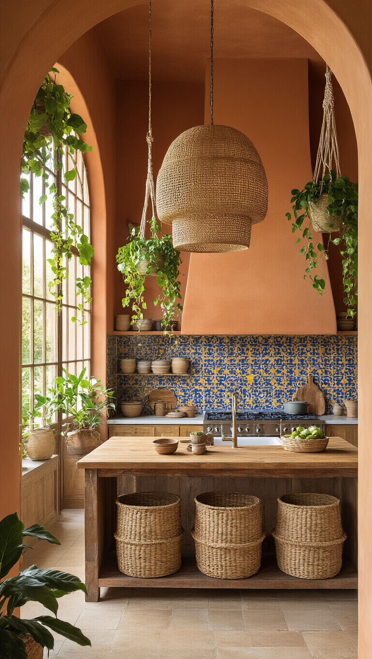 Sunlit bohemian kitchen with terracotta walls, Moroccan tile accents, rattan pendant light, and hanging greenery during golden hour.