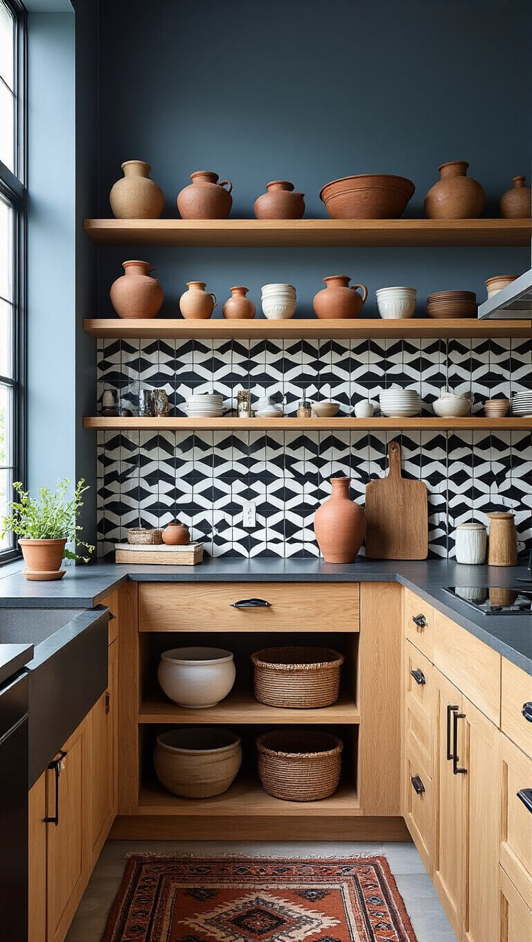 Modern galley kitchen with black and white geometric backsplash, warm wood shelving, earth-toned ceramics, and vintage tribal runner in soft morning light.