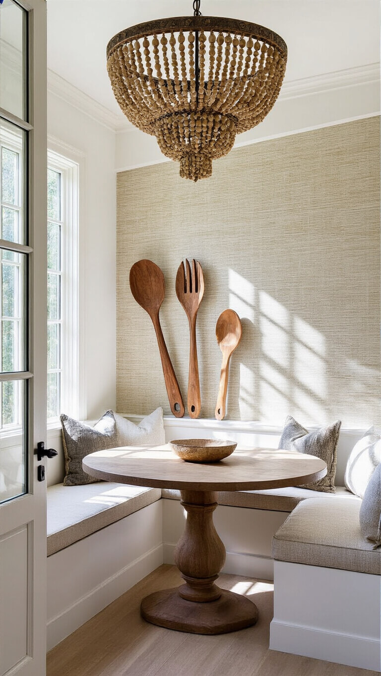 Low angle view of a 10x10ft corner kitchen nook with floor-to-ceiling windows, beaded chandelier casting shadows on white walls, carved wooden utensils on grasscloth wallpaper, and warm light highlighting natural textures.