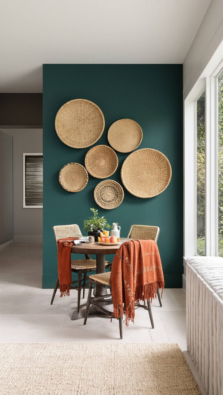 Moody 8x8ft breakfast nook at dusk with emerald accent wall displaying woven African baskets, rust and ochre textiles on chairs, and dramatic side lighting.