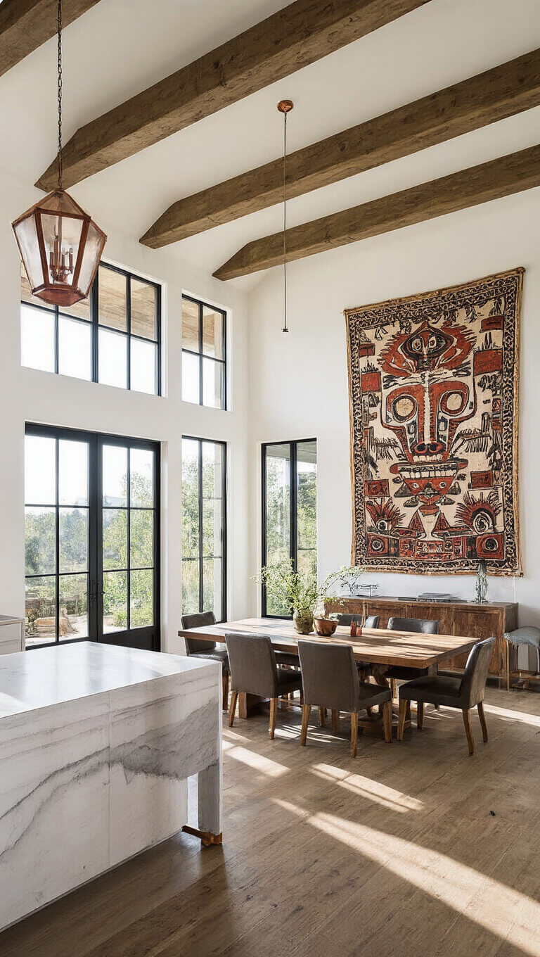 Open-concept kitchen with exposed wooden beams and tribal tapestry, bathed in morning light from elevated wide-angle view.