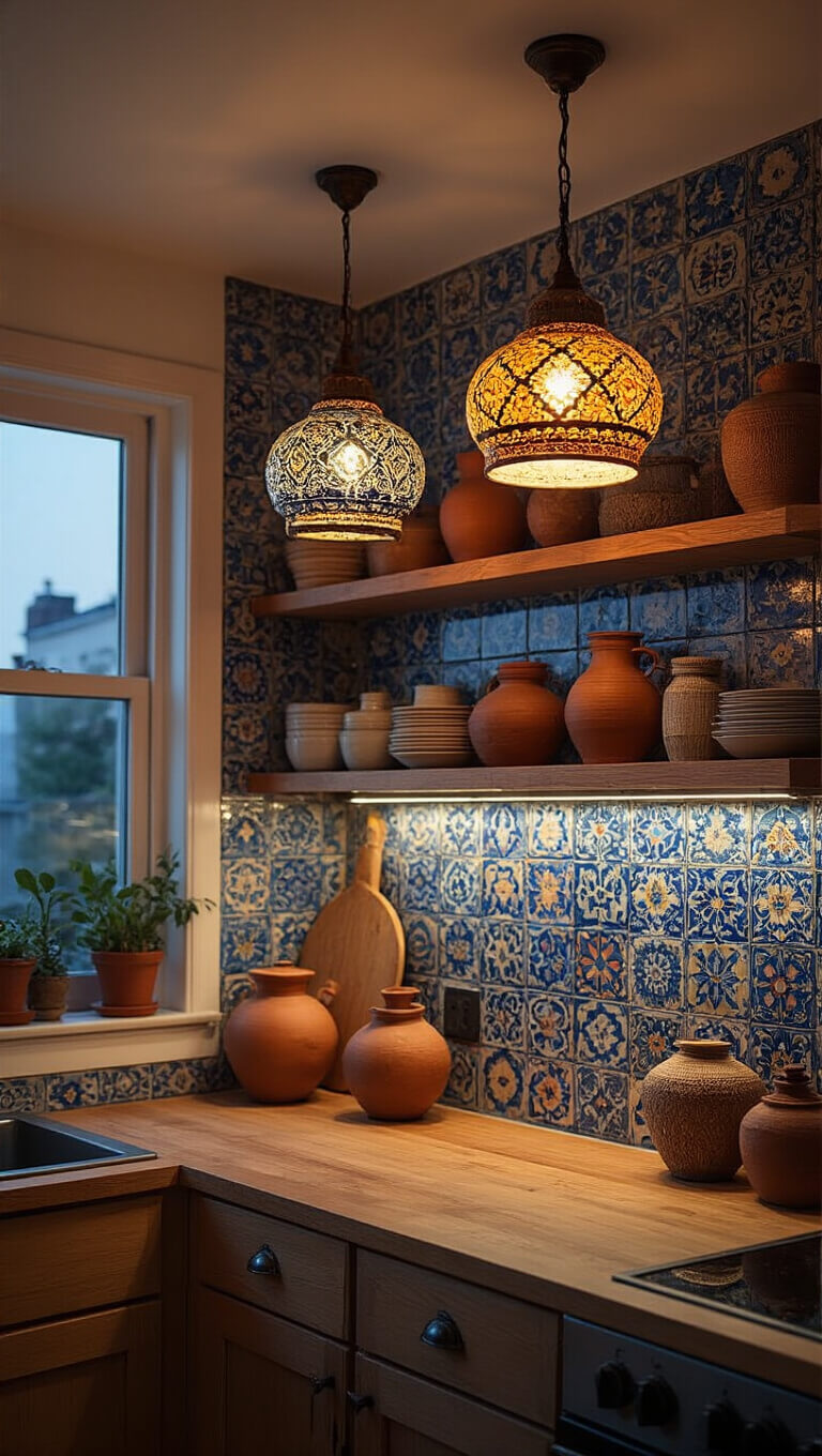 Cozy 10x12ft urban kitchen at twilight with Moroccan pendant lights, deep blue and terracotta ceramic tile backsplash, open shelving with earthenware and woven vessels.