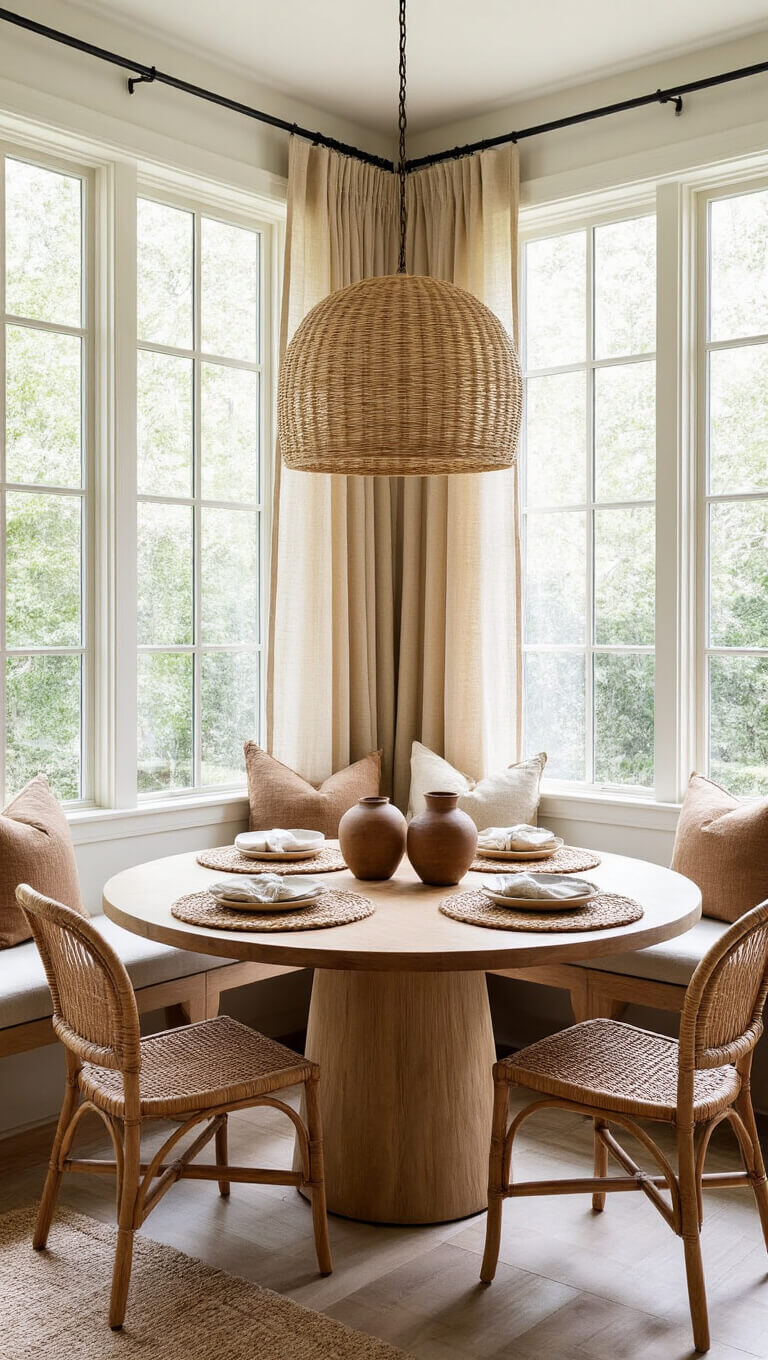 Light-filled 9x9ft breakfast nook with sheer mud cloth curtains, round wooden table set with handwoven placemats and ceramic vessels, and oversized rattan pendant overhead.