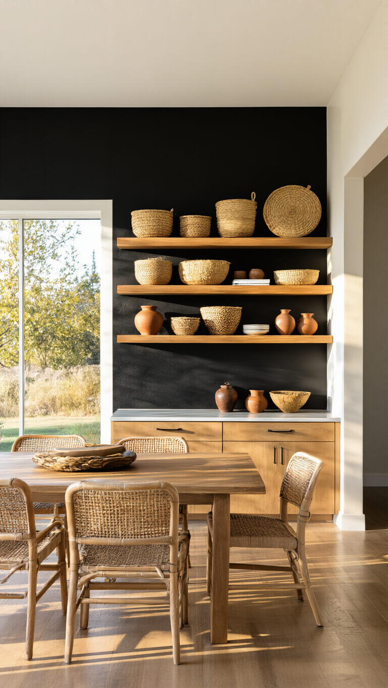 Contemporary 12x16ft kitchen at sunset with black accent wall featuring handwoven baskets, floating wooden shelves with earth-toned pottery, viewed from dining area in golden backlight.