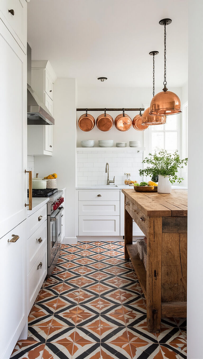 Narrow galley kitchen with white walls, bold black and terracotta geometric tile floor, hanging copper pots, and salvaged wood island in afternoon light.