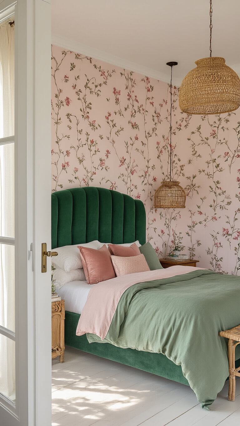 Sunlit bedroom with emerald velvet headboard, blush botanical wallpaper, sage green and rose bedding, vintage brass accents, and whitewashed floors.