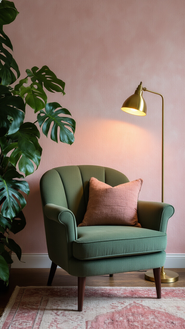 Cozy reading nook with forest green chair, brass floor lamp, monstera plant, and layered vintage rugs against pale pink wallpaper during blue hour.