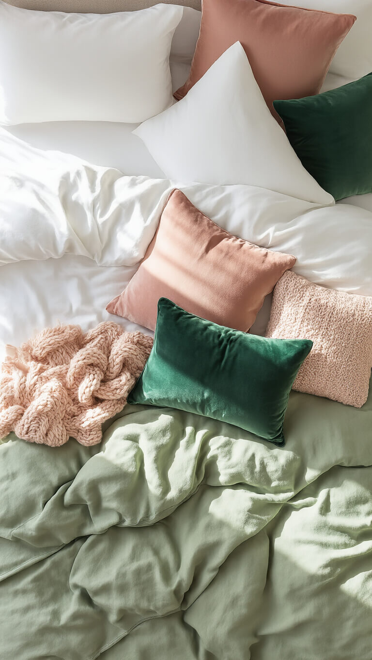 Overhead view of a neatly styled queen bed with white sheets, a rumpled sage green linen duvet, blush velvet pillows, emerald silk cushions, and a dusty rose hand-knit throw, bathed in soft morning light.