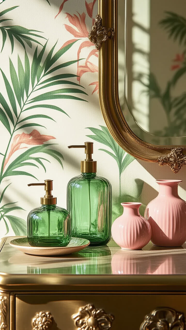 Low-angle close-up of antique brass vanity with green glass, pink ceramics, vintage mirror, and palm frond wallpaper in emerald and rose gold.