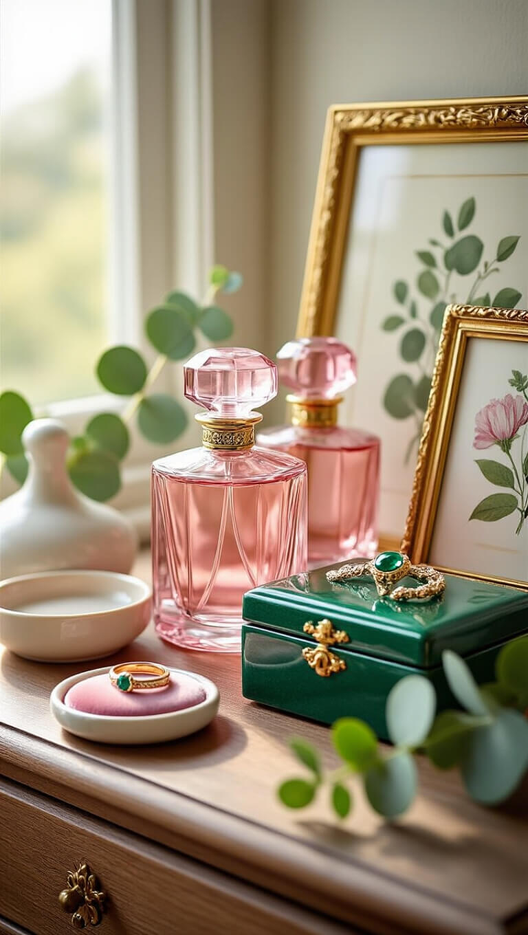 Close-up of vintage pink perfume bottles, emerald jewelry box, and gold-framed botanical prints on a dresser with velvet ring dish, ceramic catchall, and eucalyptus in soft morning light.
