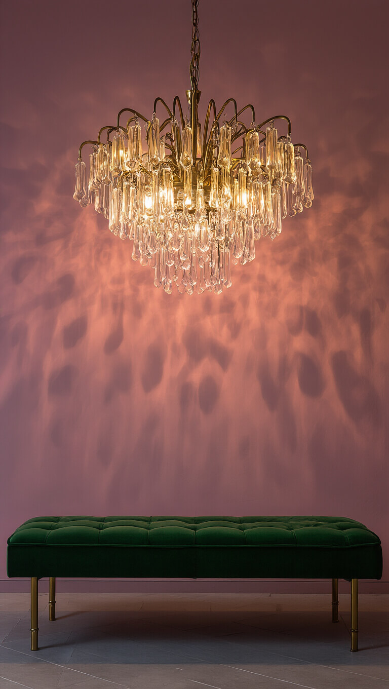 Dramatic nighttime bedroom with brass chandelier casting patterns on pink walls, green velvet bench at bed's foot, and warm ambient lighting.