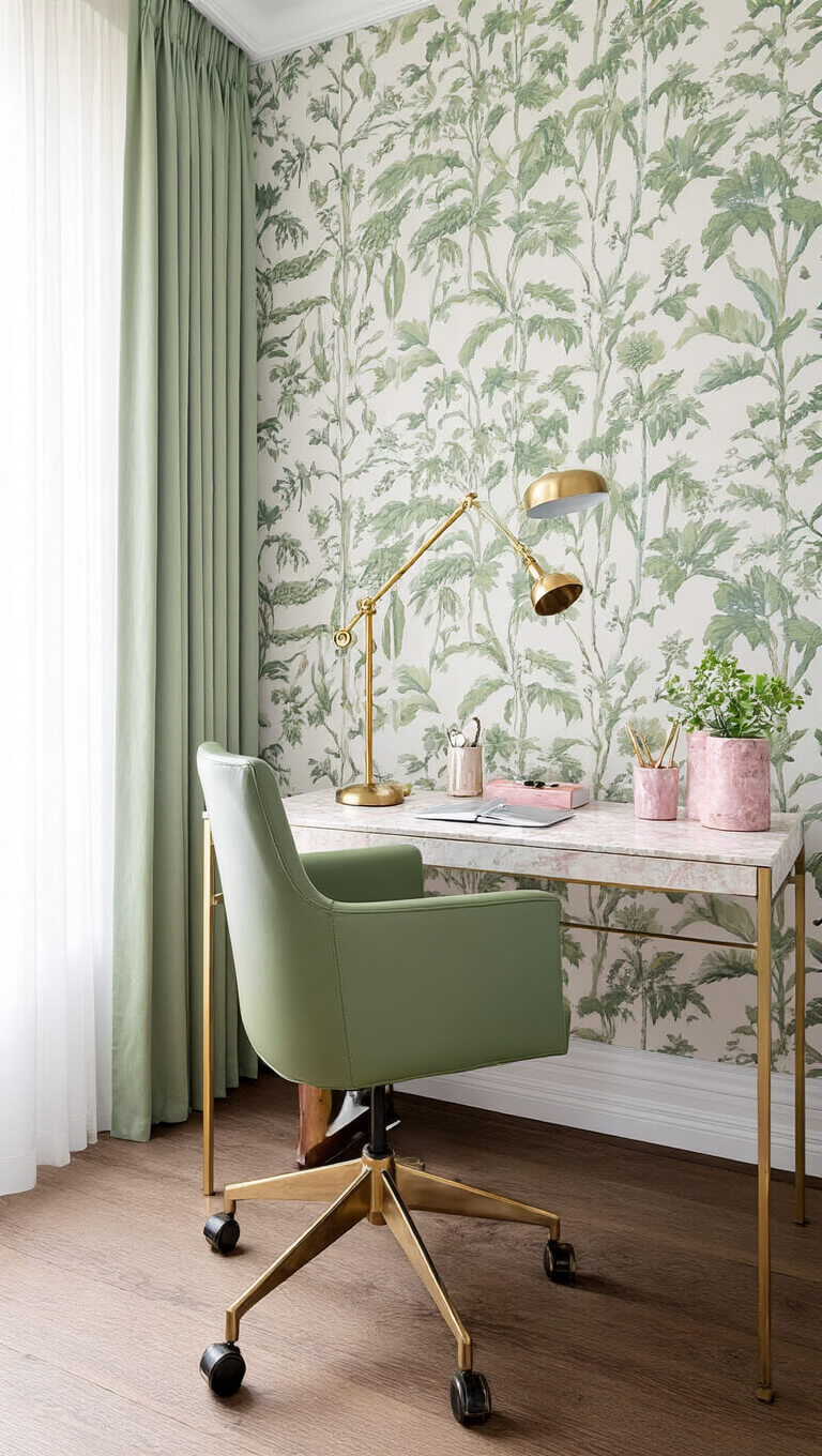 Corner desk with botanical wallpaper, sage green leather chair, pink marble accessories, and brass lamp in soft morning light.