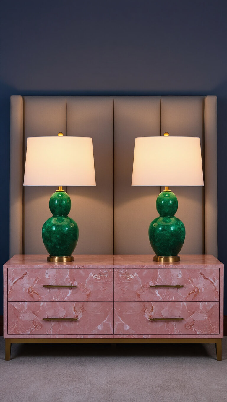 Symmetrical twin emerald green lamps on pink marble nightstands beside upholstered headboard at dusk with warm lighting and metallic accents.
