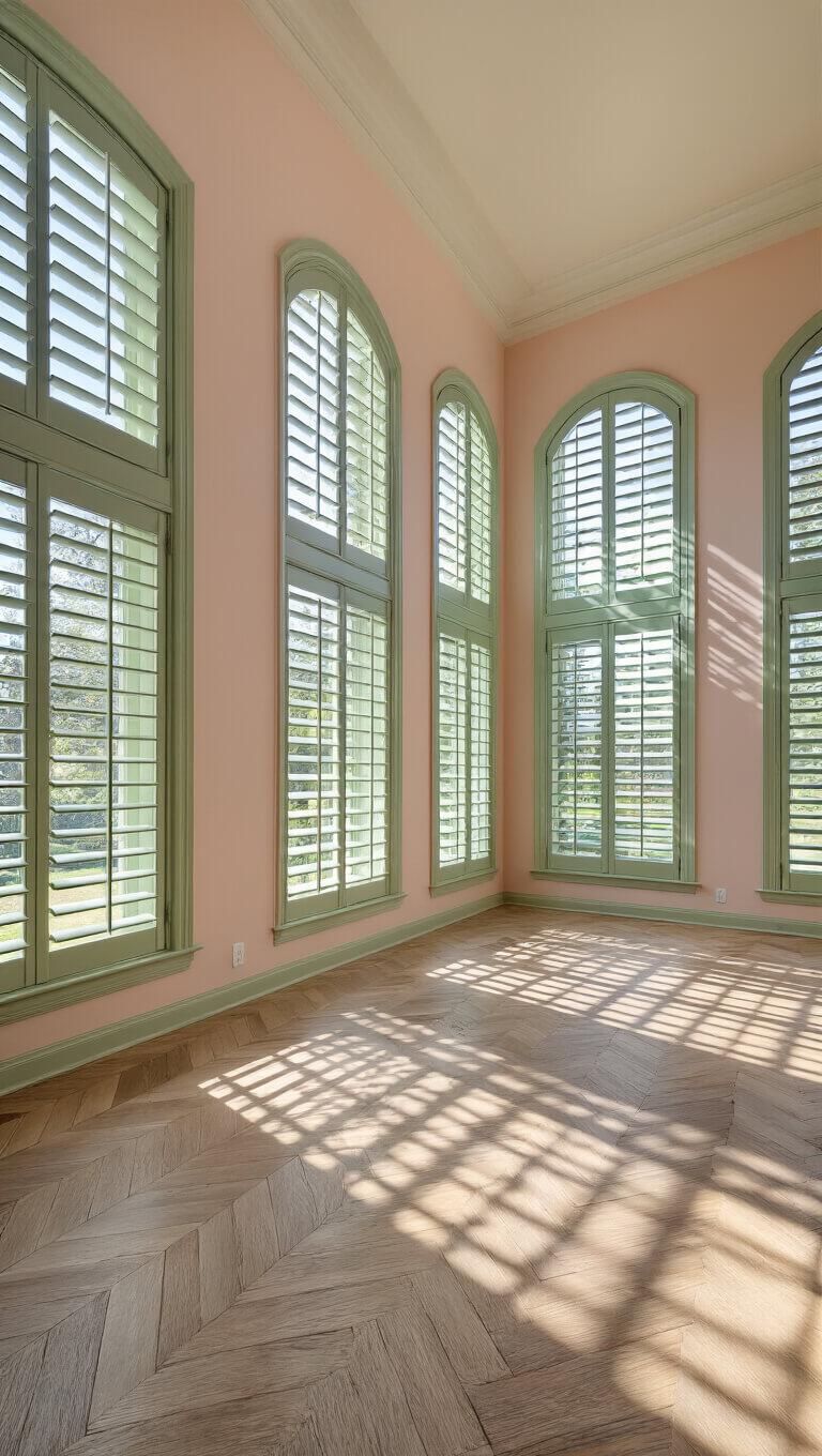 Panoramic view of 14x16ft room with sage green plantation shutters, blush walls, and herringbone floors lit by morning light.