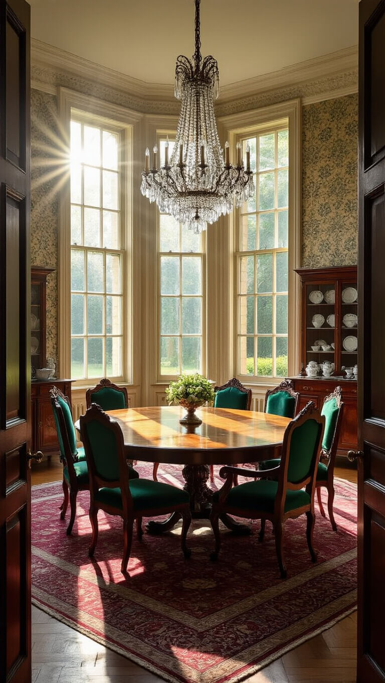 Antique dining room bathed in golden hour light with a mahogany Empire-style table, emerald velvet chairs, crystal chandelier, and Persian rug.