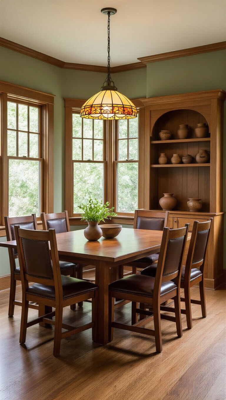Mission-style dining room with oak table, leather chairs, stained glass lamp, built-in cabinet, and sage green walls.