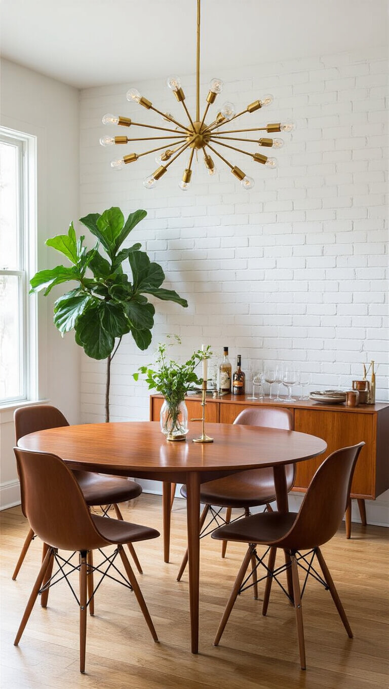 Mid-century modern dining room with teak table, Eames chairs, brass sputnik chandelier, white brick wall, fiddle leaf fig, and vintage-styled sideboard.