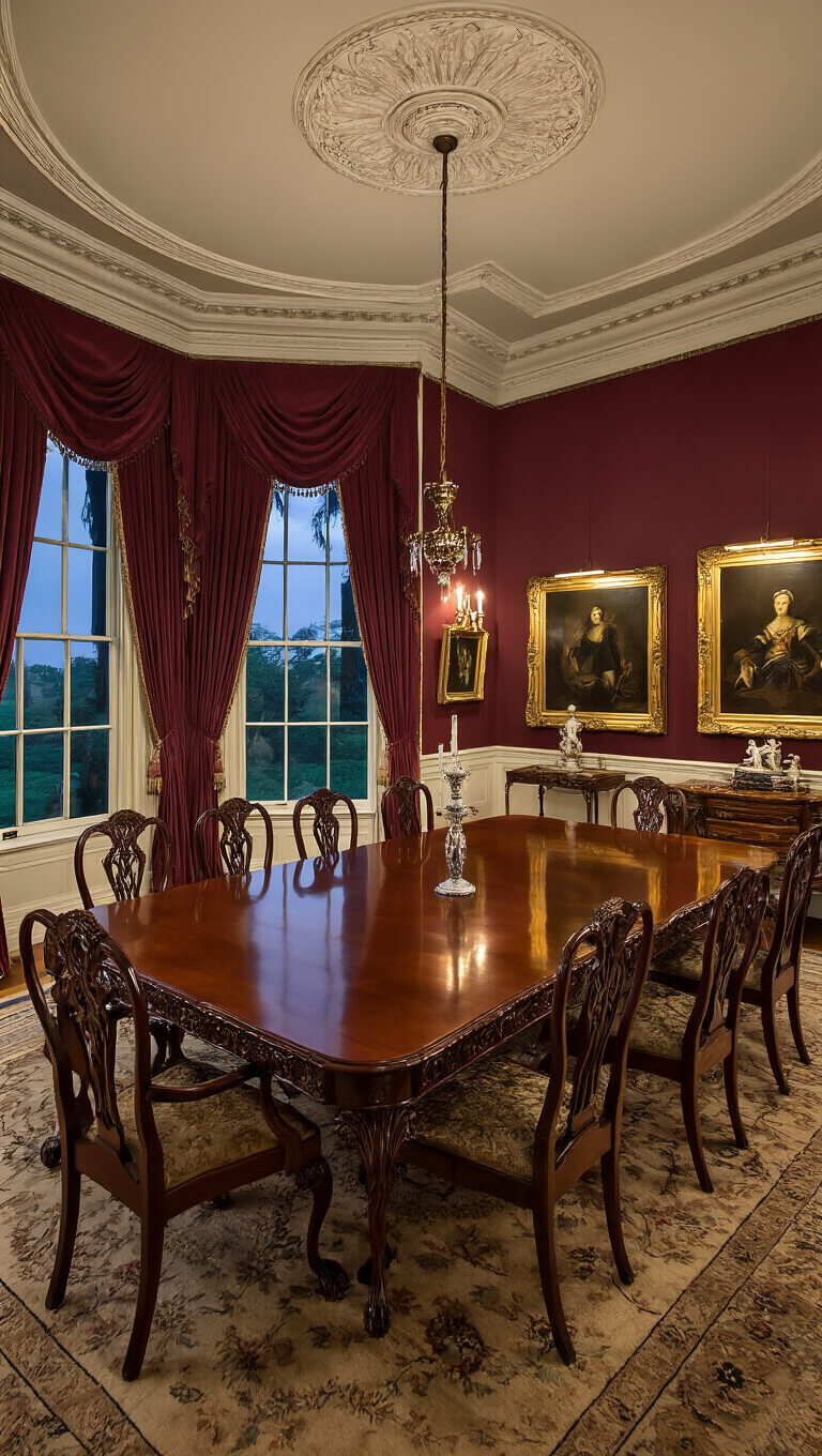 Victorian formal dining room with carved mahogany table, silk-upholstered Queen Anne chairs, velvet drapes, oil paintings, crystal sconces, and ornate ceiling medallion with chandelier, viewed from above.