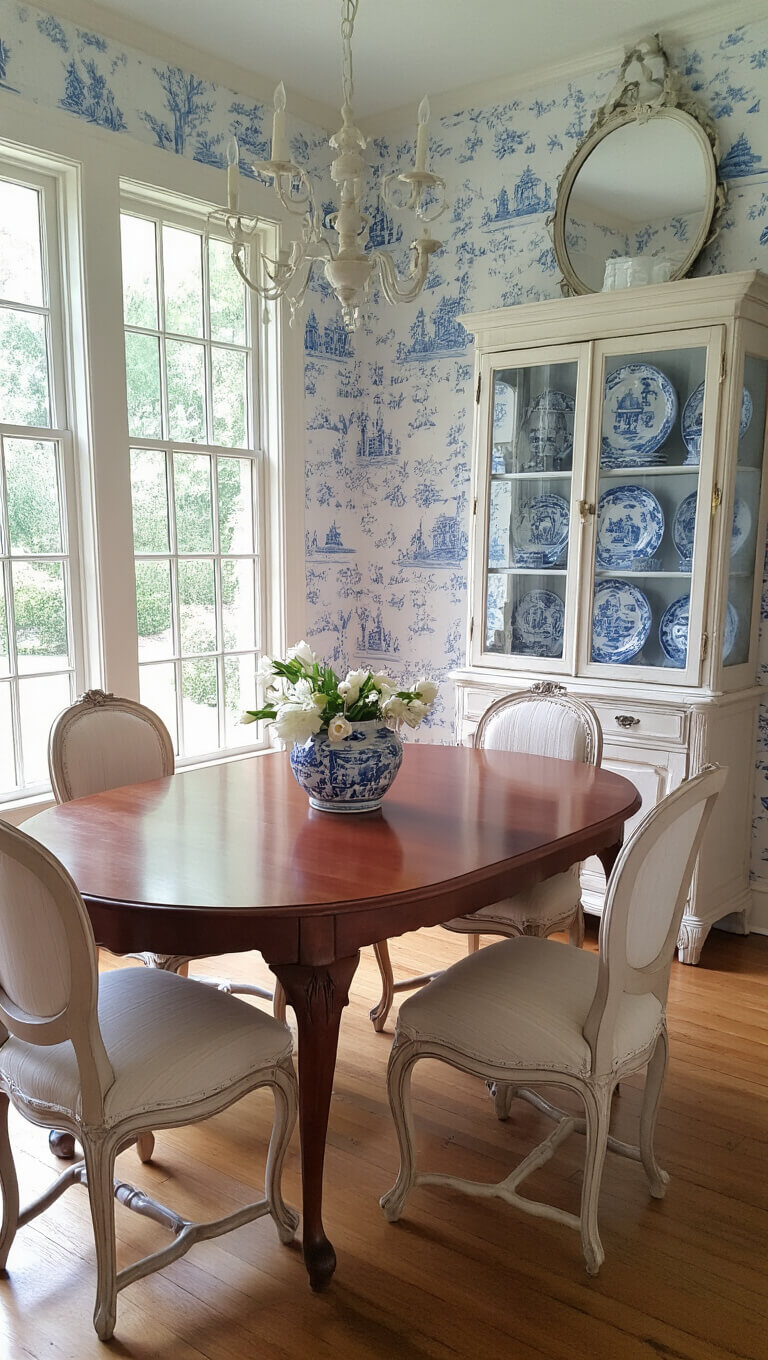 French Provincial dining room with cherry wood oval table, cream Louis XV chairs, distressed white hutch with blue porcelain, and soft blue toile wallpaper.