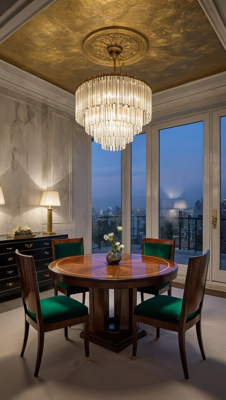 Art Deco dining room with rosewood table, emerald velvet chairs, black sideboard, stepped gold-leaf ceiling, and frosted glass chandelier at twilight.