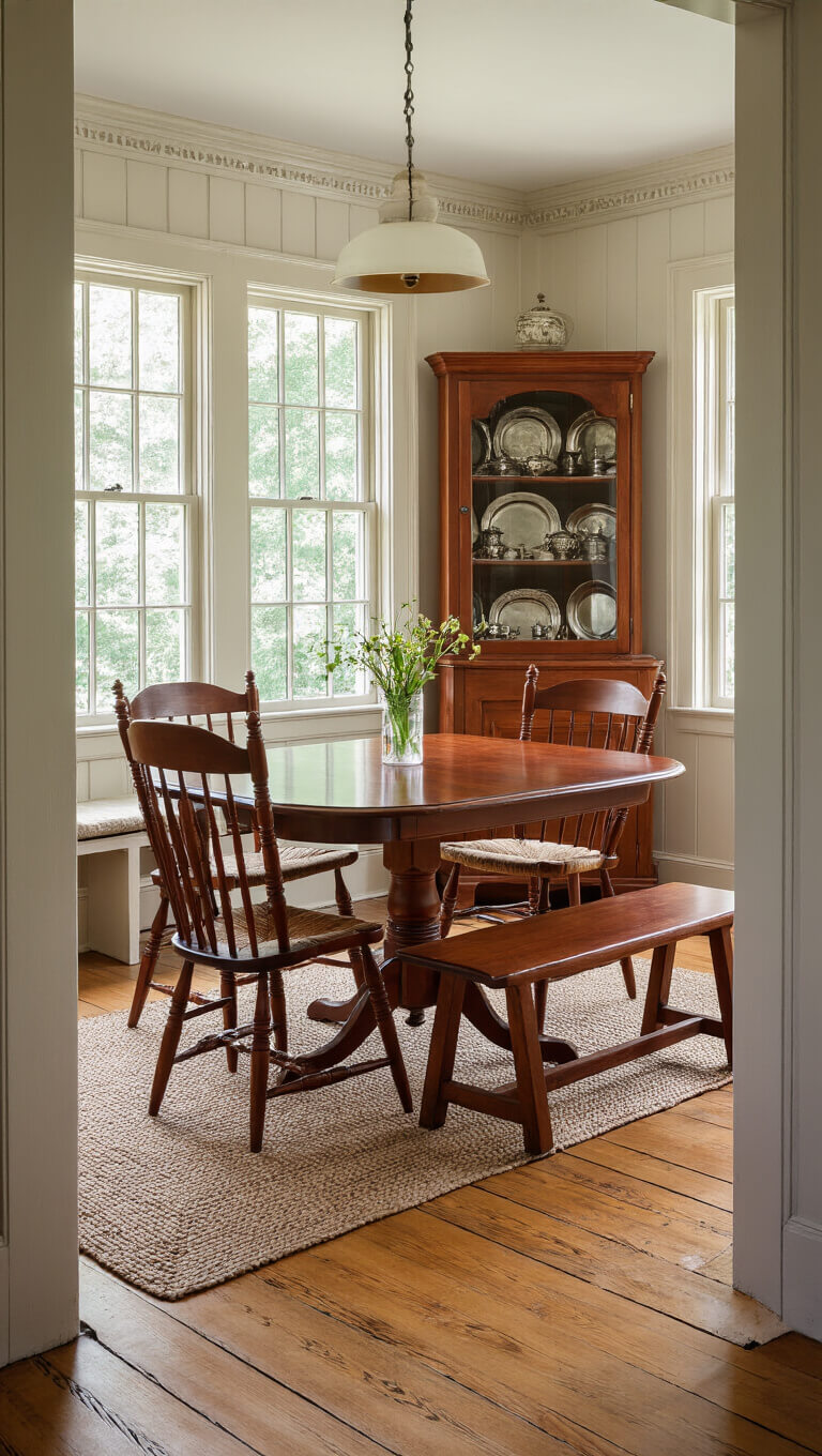 Colonial Revival dining room with morning light highlighting a cherry Queen Anne table, ladder-back chairs with rush seats, pewter-filled corner cupboard, Windsor bench under window, wide-plank pine floors, and braided rug.