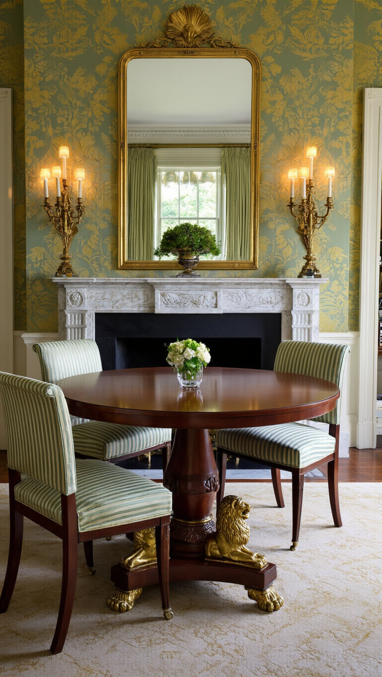 Regency-style dining room with mahogany table, Klismos chairs, gilt mirror, crystal girandoles, and damask wallpaper in low-light ambiance.