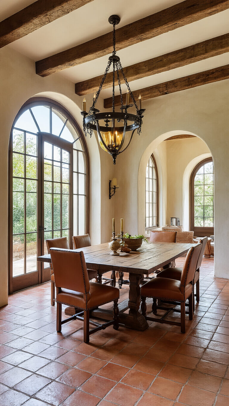 Mediterranean vintage dining room with carved oak table, Spanish leather chairs, iron chandelier, terracotta floors, exposed beams, and arched doorways.