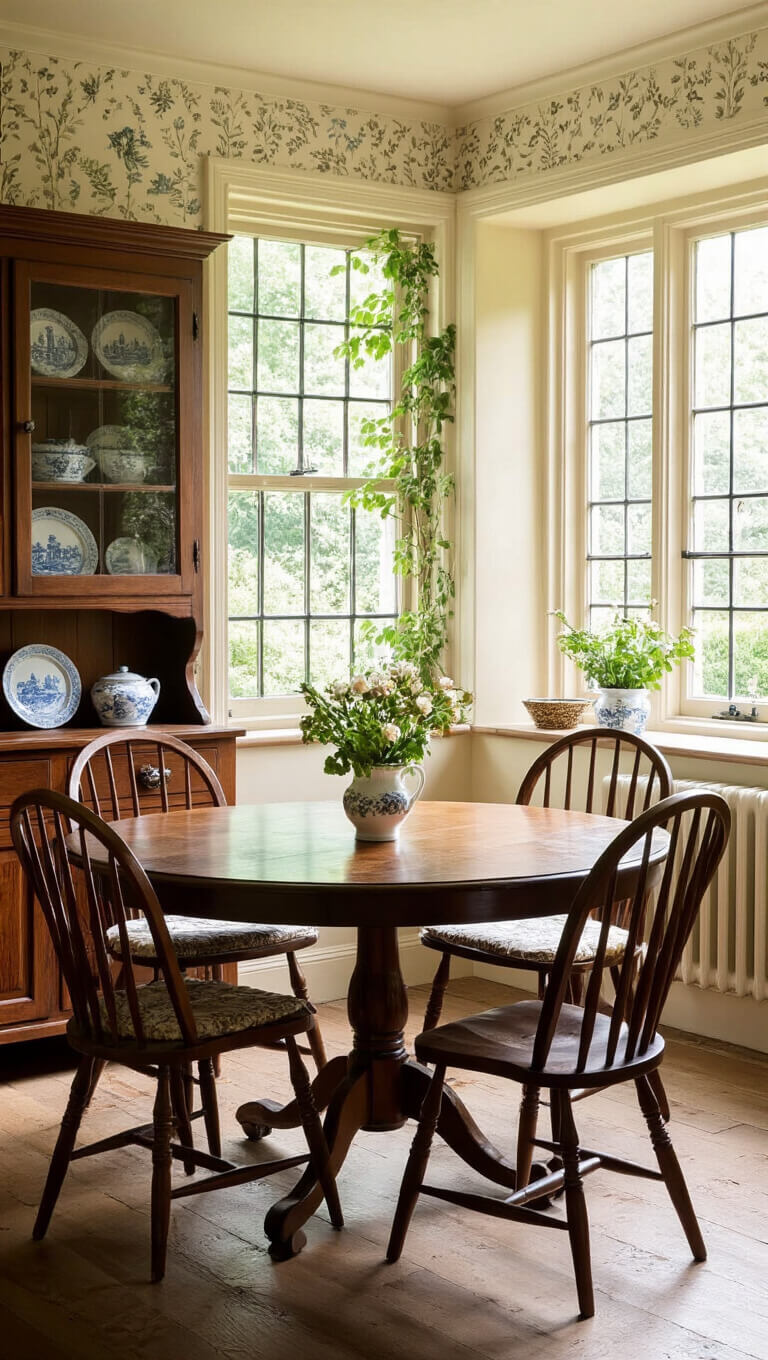 Cozy English cottage dining room with dark oak gate-leg table, mixed Windsor and upholstered chairs, Welsh dresser with transferware, and climbing roses seen through leaded windows.