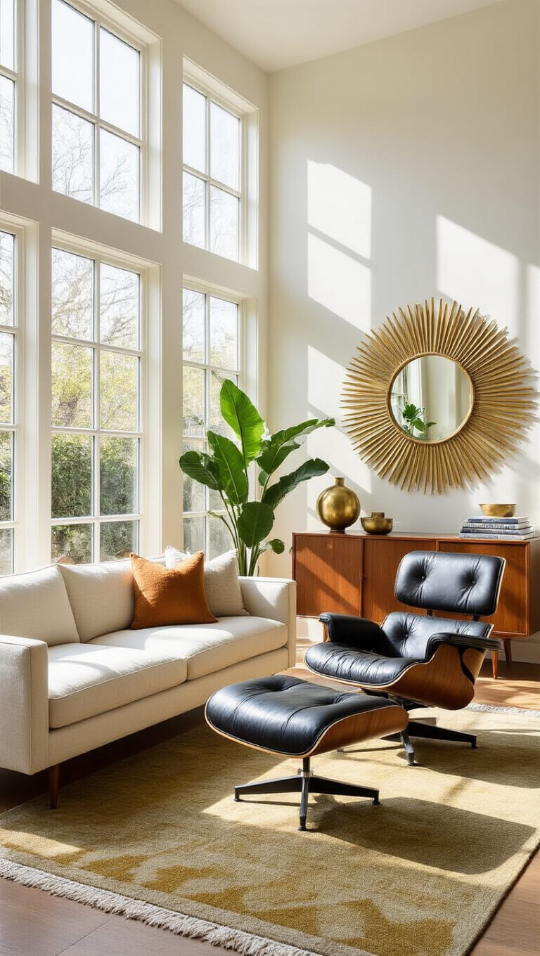 Modern sunlit living room with high ceilings, Eames lounge chair, ivory sofa, teak credenza, and mid-century decor accents.