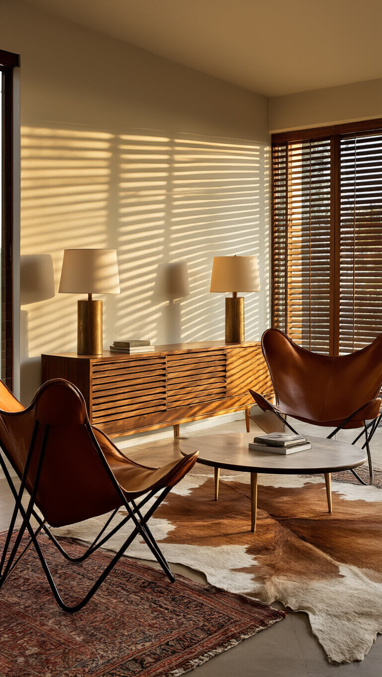 Cozy 15x18ft living room at golden hour with dramatic shadows, walnut media console, vintage lamps, cognac leather butterfly chairs, Saarinen coffee table, layered Persian and cowhide rugs, and warm amber lighting highlighting rich wood and brass accents.