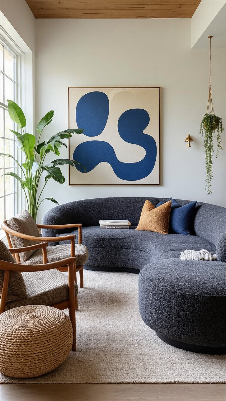 Modern open-concept living area with charcoal bouclé curved sectional, teak armchairs, abstract blue and mustard artwork, and warm afternoon light.