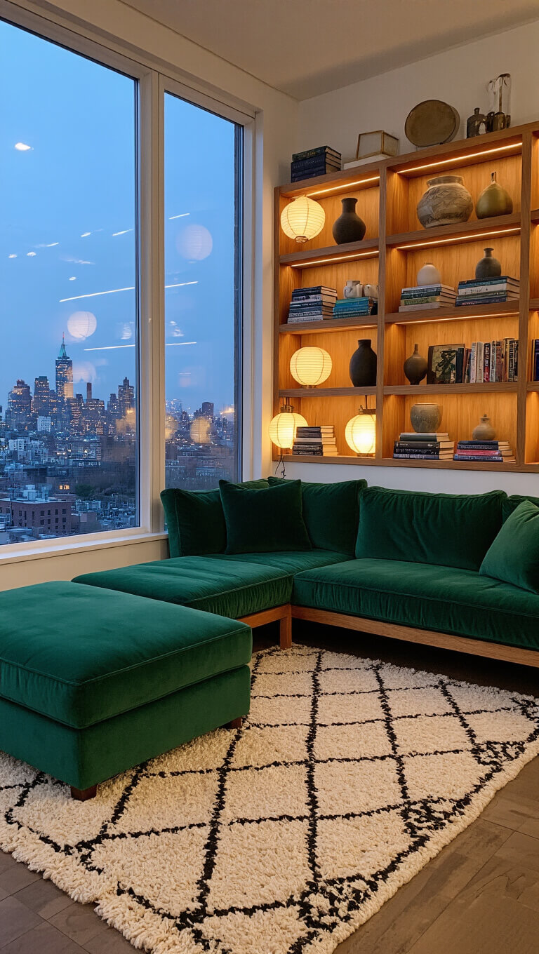 Cozy 16x20ft corner living room at dusk with city views, featuring emerald velvet platform sofa and ottoman, asymmetrical teak shelves with ceramics and art books, cream and black Moroccan rug, and layered lighting from paper lanterns and brass floor lamps.