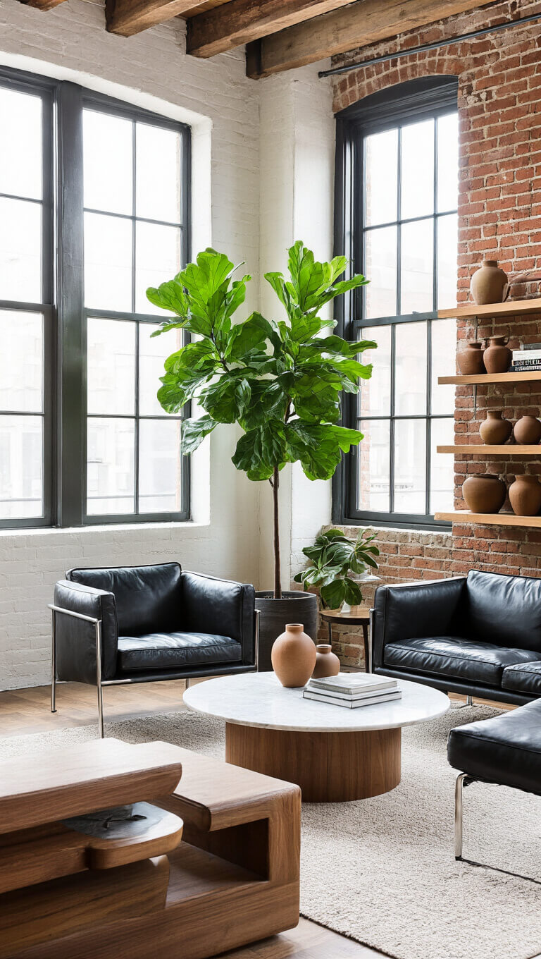 Airy 22x26ft living room with exposed brick wall, industrial windows, black leather Barcelona chairs, marble coffee table, walnut shelves displaying mid-century pottery, and oversized fiddle leaf fig.