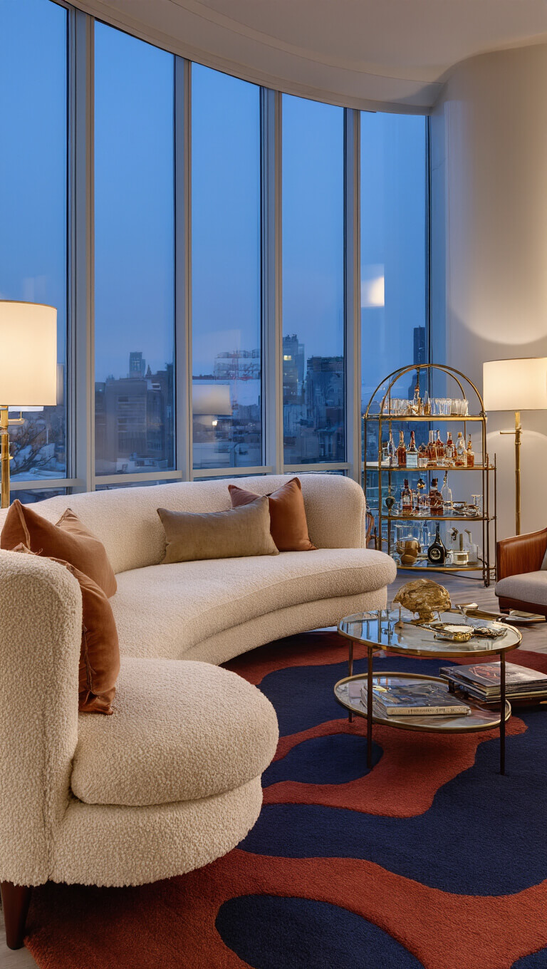 Twilight-lit sophisticated 20x24ft living room with cove lighting, curved cream bouclé sofa, rosewood chairs, brass and glass étagère, abstract navy and rust rug, and sculptural decor elements.