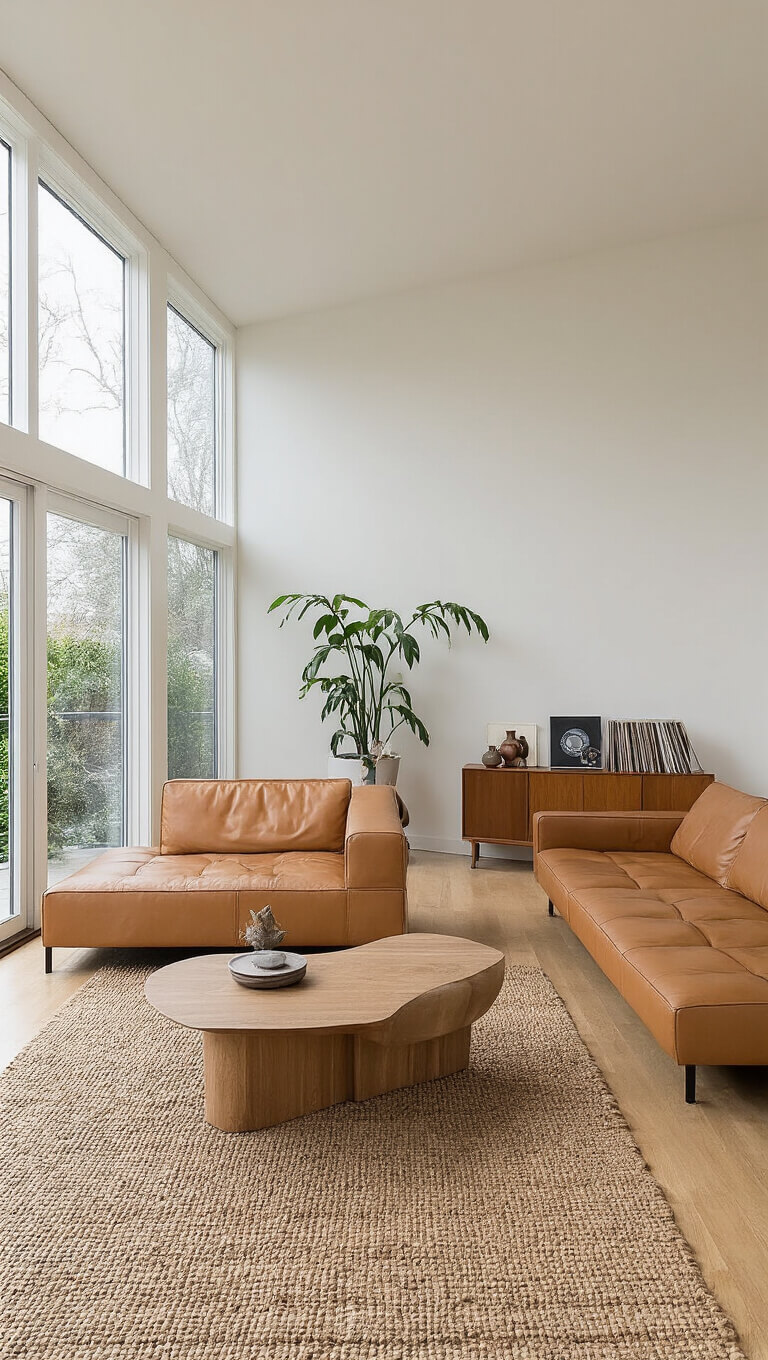 Minimalist 18x20ft living room with camel leather sectional, Noguchi coffee table on geometric rug, teak record cabinet, and morning light streaming through floor-to-ceiling windows.