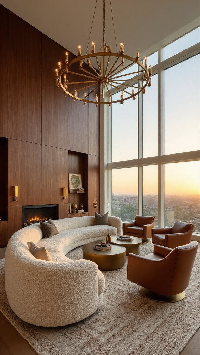 Spacious 24x28ft living room at sunset with walnut accent wall, curved cream bouclé sofa, cognac leather swivel chairs, brass chandelier, layered vintage rugs, and modern decor elements.
