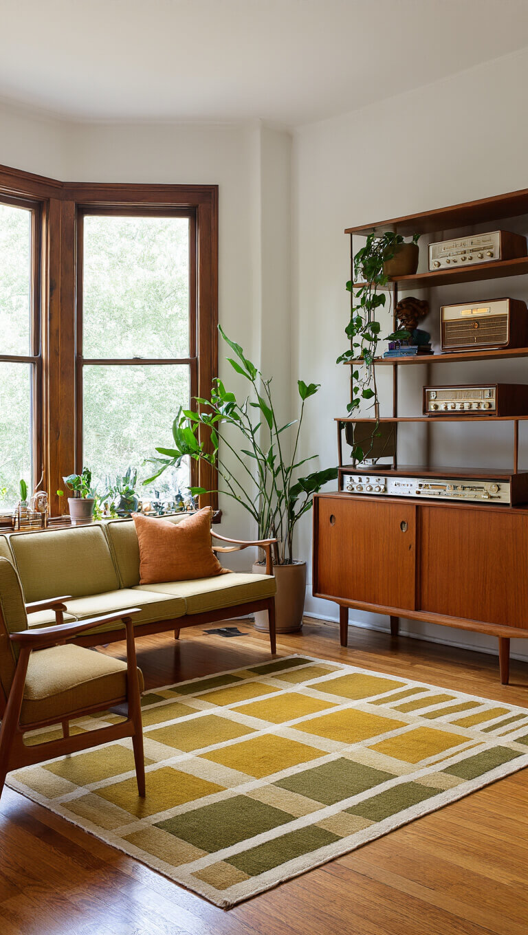 Cozy 16x18ft living room with hardwood floors, bay window, Danish modern teak furniture, vintage radios on walnut credenza, and geometric mustard-olive rug.
