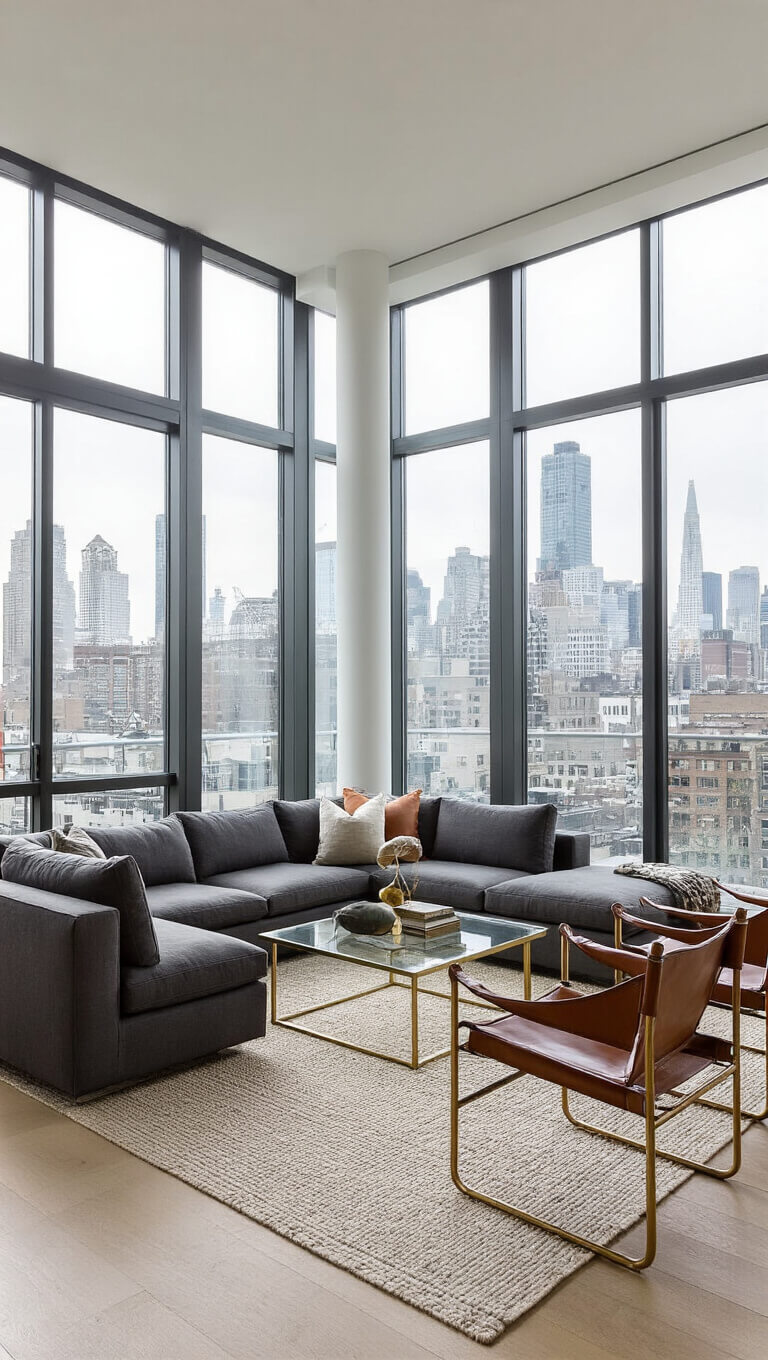 Modern 20x22ft living room with floor-to-ceiling windows, city views, charcoal linen sectional, vintage leather safari chairs, and brass-glass coffee table.