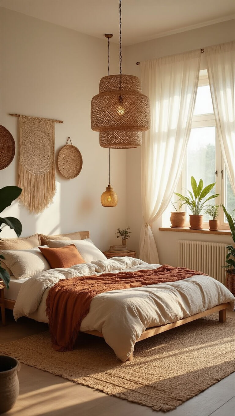 Bohemian bedroom with golden hour sunlight, rattan pendant lamp casting shadows, low platform bed with earthy linens, jute rug, woven wall hangings, potted plants, and brass floor lamp.