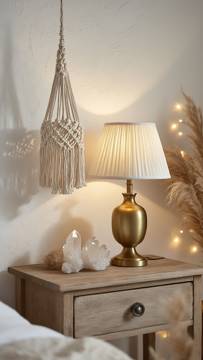 Cozy bedside scene at dusk with macramé pendant, vintage brass lamp, crystal decor, and pampas grass on a reclaimed wood nightstand.