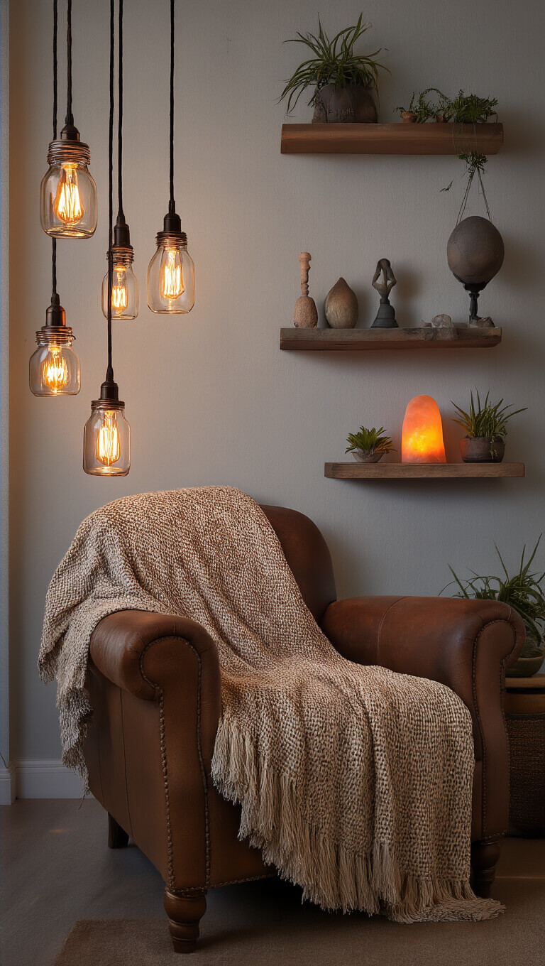 Twilight reading nook with leather armchair, glowing mason jar pendant lights, global decor on floating shelves, and warm ambient lighting.