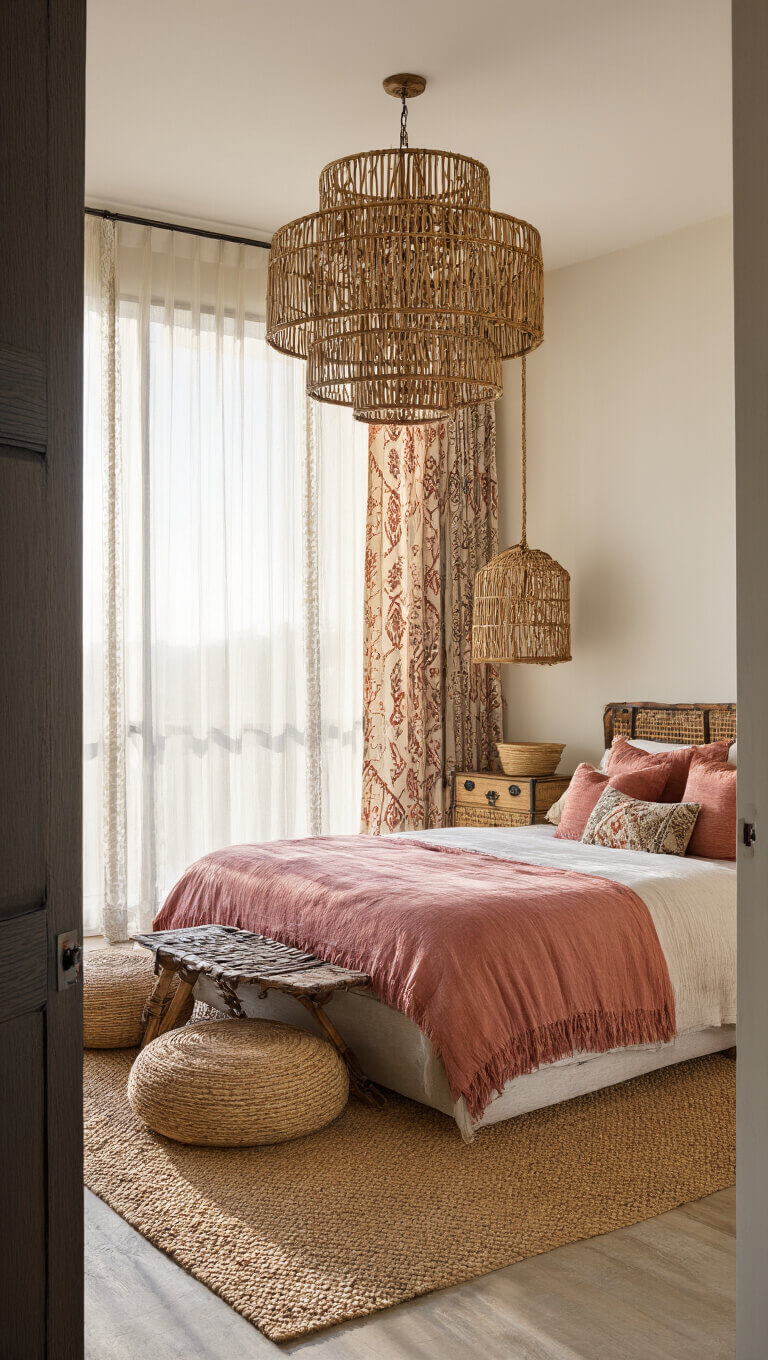 Master bedroom suite at sunrise with bamboo chandelier, tribal-print curtains, low-profile bed in warm tones, rattan pendants, vintage trunk nightstands, jute poufs, and woven baskets.